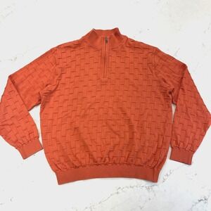 St Croix Shop Mens L 1/4 Zip Mock Neck Sweater Textured Coral Orange Made in USA